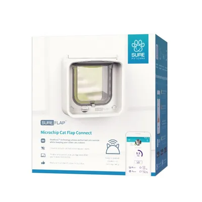 Microchip Cat Flap Connect packaging showing features: DualScan technology for authorised entry, app control, activity monitoring, and compatibility with microchips. Smartphone app displayed.