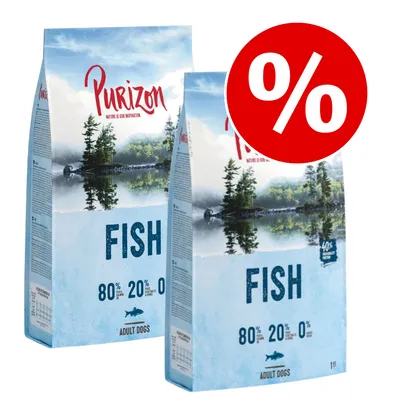 Purizon Fish ADULT DOGS, 80 % fisk, 20 % grøntsager, 0 % korn. To poser med stor rød procenttegn for tilbud.