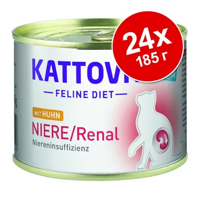Консерва Kattovit Feline Diet NIERE/Renal mit Huhn, 24×185 г. Видим текст: Niereninsuffizienz. Опаковка с изображение на котка.