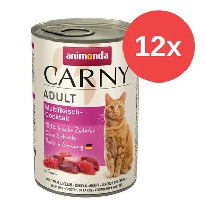 Animonda Carny Adult Multifleisch-Cocktail, 100% frische Zutaten, ohne Getreide, Made in Germany, mit Taurin. Packung enthält 12 Dosen.
