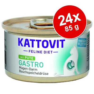 Conservă Kattovit Feline Diet Gastro cu curcan, 24x85 g. Text vizibil: Magen-Darm Bauchspeicheldrüse, Verbessert Rezeptur, mit Pute.