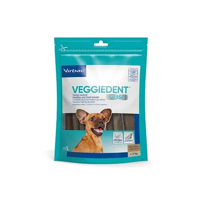 Virbac Veggiedent FR3SH dental care chews for dogs, supports fresh breath and tartar reduction. Pack for dogs under 5 kg.