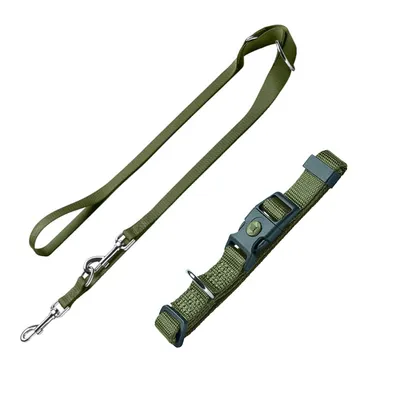 Sparset HUNTER Halsband + Führleine London, olivgrün - Halsband Größe M, Leine 200 cm / 10 mm