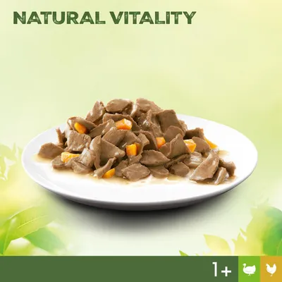 Natural Vitality. Våtfoder med kyckling och grönsaker för katter från 1 år, serverat på en vit tallrik.