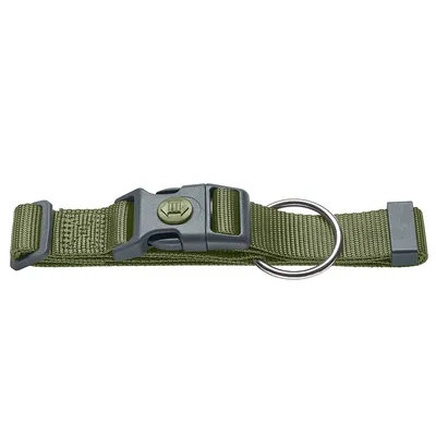 Grünes Nylon-Halsband mit Kunststoffverschluss und Metallring, verstellbar.