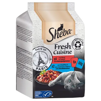 Sheba Fresh Cuisine Taste of Paris, 6 x 50 g. Opakowanie z kotem, grafiką potrawy i tekstami: x4 mit Rind, x2 mit Weißfisch. 100% recyclable paper, MSC, wieża Eiffla.