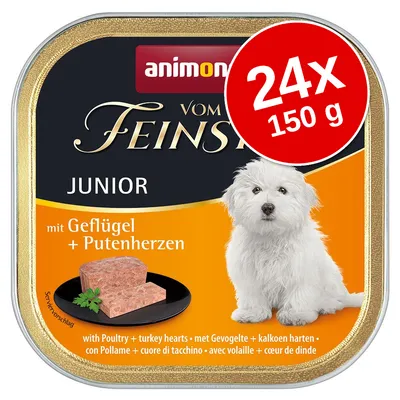 animonda Vom Feinsten Junior, 24x150 g, mit Geflügel + Putenherzen. Conservă cu imagine de cățel și felie de hrană umedă. Text suplimentar: with Poultry + turkey hearts.