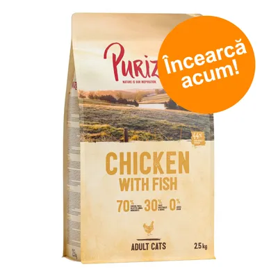 Purizon Chicken with Fish, 2,5 kg pentru pisici adulte. 70 % carne de pui și pește, 30 % plante, 0 % cereale. Inscripție portocalie: Încearcă acum!