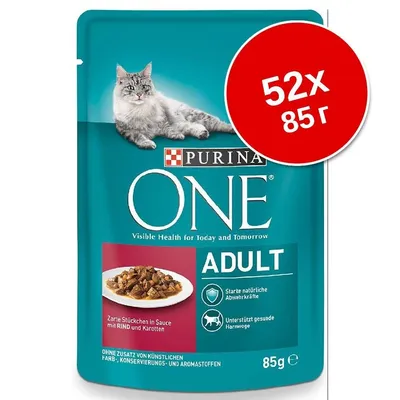 Опаковка Purina ONE ADULT за котки, 85 г. Надпис: 52×85 г. Изображение на котка и купичка с храна. Видими са икони за имунитет и здрави пикочни пътища.