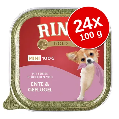 Rinti Gold MINI 100 g, 24x100 g, ENTE & GEFLÜGEL. Ambalaj cu imagine de câine mic. Text suplimentar: MIT FEINEN STÜCKCHEN VON. Rinti Gold MINI 100 g, 24x100 g, ENTE & GEFLÜGEL. Ambalaj cu imagine de câine mic. Text suplimentar: MIT FEINEN STÜCKCHEN VON.