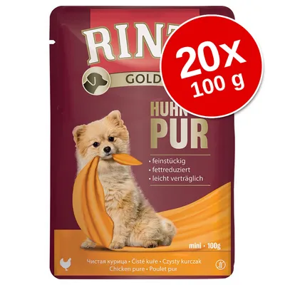 Pachet Rinti Gold Huhn Pur, 20 x 100 g, imagine cu un câine mic pe ambalaj. Text vizibil: feinstückig, fettreduziert, leicht verträglich, Chicken pure, mini 100g.