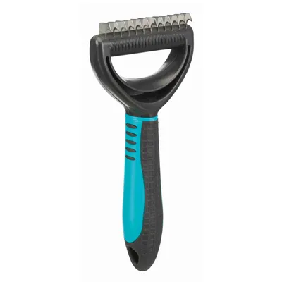 Entfilzungskamm mit ergonomischem Griff, schwarze und blaue Kunststoffelemente, gezackte Metallklingen für Fellpflege.