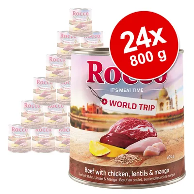 Lot de 24 boîtes Rocco World Trip 800 g, bœuf au poulet, aux lentilles et à la mangue. Texte visible : Beef with chicken, lentils & mango. Image d’ingrédients sur l’étiquette.