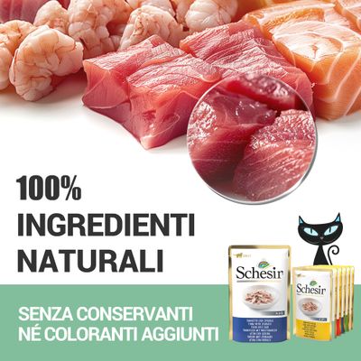 100% ingredienti naturali. Senza conservanti né coloranti aggiunti. Schesir tonnetto con spigola, tonno con orata. Immagine di pesce crudo e confezioni Schesir.