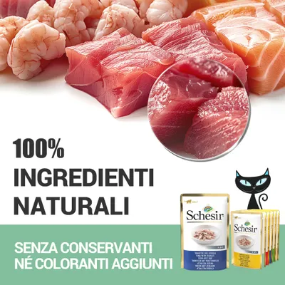 100% ingredienti naturali. Senza conservanti né coloranti aggiunti. Schesir tonnetto con spigola, tonno con orata. Immagine di pesce crudo e confezioni Schesir.