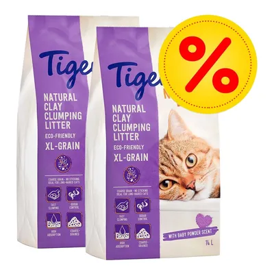 Tigerino Natural Clay Clumping Litter XL-Grain, eco-friendly, 14 L, med baby powder scent. Hurtig klumpning, lugtkontrol, høj absorption. Tilbudssymbol vises.