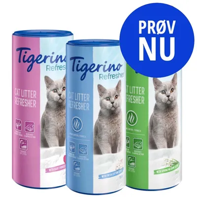 Tigerino Refresher Cat Litter Refresher, tre varianter: baby powder, fresh cotton, spring meadow. Tekst på blå cirkel: PRØV NU.