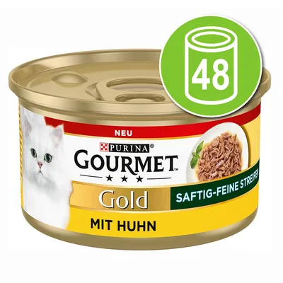 Boîte Purina Gourmet Gold mit Huhn, texte allemand, image d’un chat blanc et de nourriture, pastille verte avec 48 boîtes indiquées.