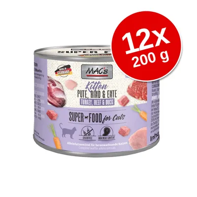 MAC's Kitten Pute, Rind & Ente Turkey, Beef & Duck, Super Food for Cats, 12x200 g, made in Germany, grainfree, high meat content. Conservă pentru pisici juniori.