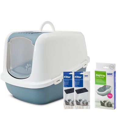 Maison de toilette Savic Nestor Jumbo pour chat Toilette blaustein/weiss + 2 extra Filter + 6 Bag it up