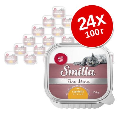 Smilla Fine Menu с говядиной, упаковка 24×100 г. На упаковке изображена кошка и надписи: WITH BEEF, exquisite filling, with chicken breast & peppers.