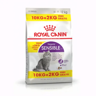 Royal Canin Regular Sensible 33 kattenvoer, 12 kg zak met actie: 10 kg + 2 kg gratis. Afbeelding van een kat op de verpakking. Tekst: Feline Health Nutrition.