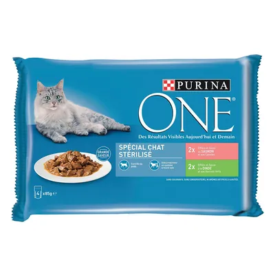 Purina One Nassfutter für sterilisierte Katzen, 4x85g. Sorten: Lachs mit Karotten und Truthahn mit grünen Bohnen. Unterstützt Gewichtskontrolle und gesunde Harnwege. Ohne Farbstoffe.