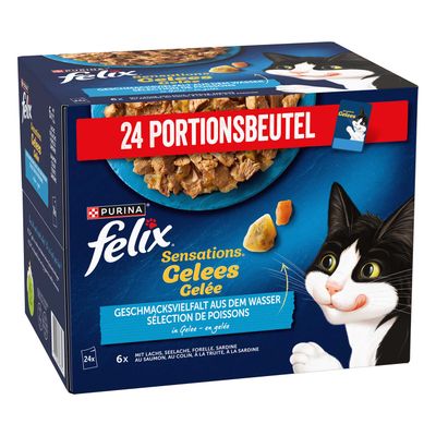 Purina Felix Sensations Gelees, Geschmacksvielfalt vom Land in Gelee. 24x mit Rind, Huhn, Ente, Lamm.