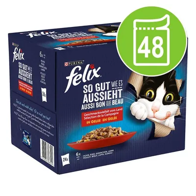 Cutie Purina Felix So gut wie es aussieht, selecție de la țară în aspic, 48 plicuri. Text vizibil: Huhn, Rind, Kaninchen, Lamm, Poulet, Boeuf, Lapin, Agneau. Ambalaj cu imagine pisică.