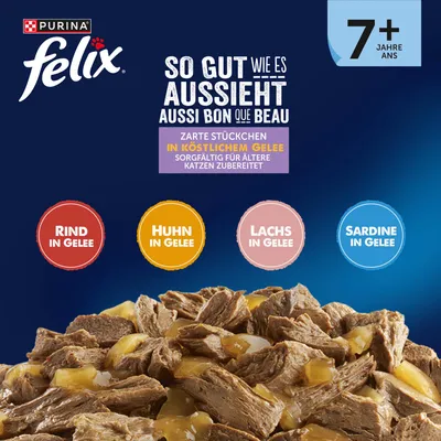 Purina Felix So gut wie es aussieht, zarte Stückchen in köstlichem Gelee für Katzen ab 7 Jahren. Sorten: Rind, Huhn, Lachs, Sardine in Gelee. Purina Felix So gut wie es aussieht, zarte Stückchen in köstlichem Gelee für Katzen ab 7 Jahren. Sorten: Rind, Huhn, Lachs, Sardine in Gelee.