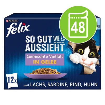 Purina Felix So gut wie es aussieht, смешанный ассортимент в желе, 48 порций, с лососем, сардиной, говядиной и курицей.