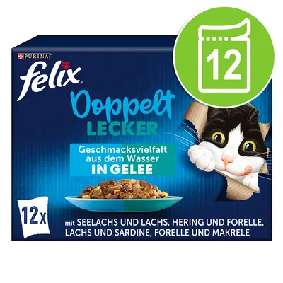 Purina Felix Doppelt Lecker, Geschmacksvielfalt aus dem Wasser in Gelee. 12x Portionen mit Seelachs, Lachs, Hering, Forelle, Sardine und Makrele.