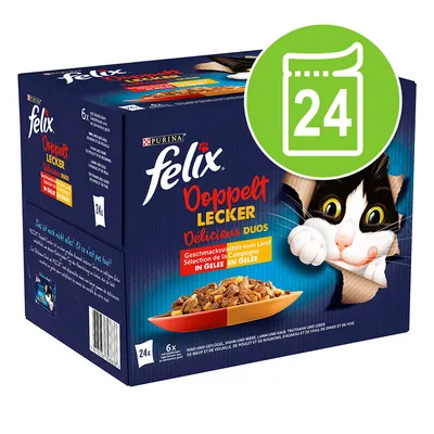 Cutie Felix Doppelt Lecker Delicieux Duos, 24 plicuri, selecție de gusturi din carne și pasăre în aspic. Imagine cu pisică și farfurie cu hrană umedă pentru pisici.