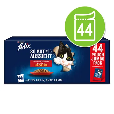 Felix So gut wie es aussieht, Geschmacksvielfalt vom Land in Gelee. 44 Pouch Jumbo Pack mit Rind, Huhn, Ente, Lamm.