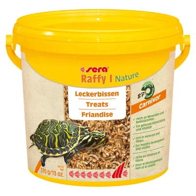 Sera Raffy I Nature Leckerbissen für Carnivoren, reich an Mineralien und Ballaststoffen. Inhalt: 370 g. Geeignet für gesunde Entwicklung und Vitalität.