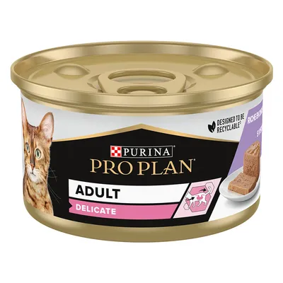 Purina Pro Plan Adult Delicate kattenvoer in blik, ontworpen om recyclebaar te zijn, rijk aan kalkoen, 85g.
