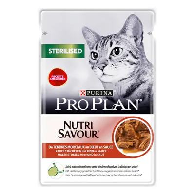 Purina Pro Plan Nutri Savour Sterilised, zarte Stückchen mit Rind in Sauce. Rezept verbessert. Unterstützt die Harnwegsgesundheit.
