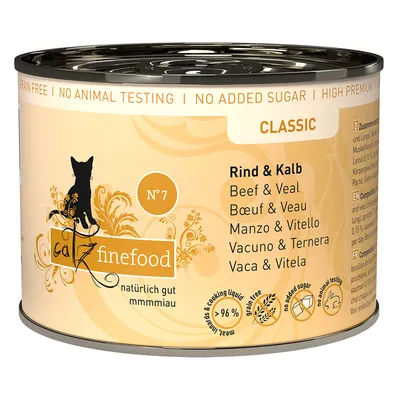 Catz finefood Classic Nr. 7, βοδινό και μοσχαρίσιο, χωρίς δημητριακά, χωρίς δοκιμές σε ζώα, χωρίς προσθήκη ζάχαρης, πάνω από 96% περιεκτικότητα σε κρέας.
