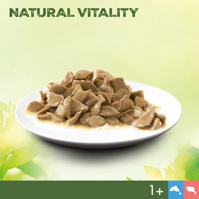 Natural Vitality. Rappresentato: bocconcini in salsa su un piatto bianco. Adatto per gatti e cani da 1 anno. Natural Vitality. Rappresentato: bocconcini in salsa su un piatto bianco. Adatto per gatti e cani da 1 anno.