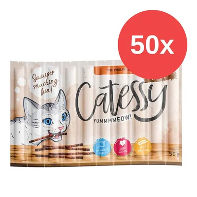 Catessy Yummmmeow! Snacks mit Geflügel, ohne Zuckerzusatz, mit Taurin, Getreidefrei. Packung enthält 50 Sticks à 10 Stück, Gesamtgewicht 50g.