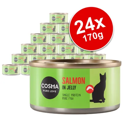 Cosma Pure Love Salmon in Jelly, single protein pure fish, 24x170g tins shown. Green label with black cat silhouette and red salmon icon visible.