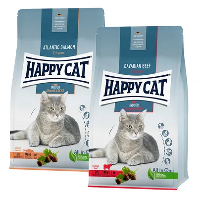 Happy Cat Trockenfutter für Katzen, Sorten Atlantik Lachs und Bayerisches Rind, Indoor, ab 1 Jahr, Made in Germany, ohne künstliche Konservierungsstoffe. Happy Cat Trockenfutter für Katzen, Sorten Atlantik Lachs und Bayerisches Rind, Indoor, ab 1 Jahr, Made in Germany, ohne künstliche Konservierungsstoffe.