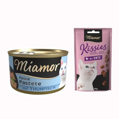 Miamor Feine Pastete mit Huhn, boîte de pâtée pour chat avec image d’un chat blanc et texte en allemand sur l’étiquette.