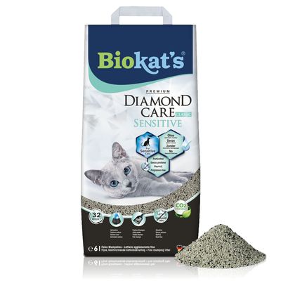 Biokat's Diamond Care Classic Sensitive arena para gatos, sin perfume, para gatos sensibles, arena aglomerante fina, respetuosa con el CO2, 32 días, 6 litros