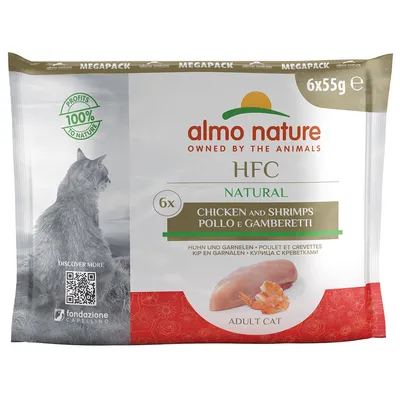 Almo Nature HFC Natural Megapack, 6x55g, felnőtt macskáknak, csirke és garnéla ízesítés. 100% profit a természet javára. QR-kód további információkért.