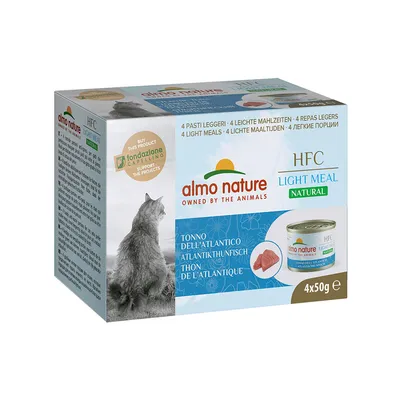 Almo Nature HFC Light Meal Natural, atún del Atlántico, 4 comidas ligeras de 50g. Apoya proyectos de Fondazione Capellino.