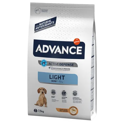 Sac Advance Light Mini 1–10 kg, 7,5 kg, avec poulet, antioxydants naturels, Active Defense, teneur réduite en matières grasses, photo d’un petit chien sur l’emballage.