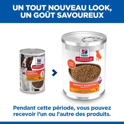 Hill's Science Plan Perfect Digestion Adulte au poulet et légumes, nouveau et ancien design de boîte. Pendant la période de transition, l'un ou l'autre des designs peut être livré.
