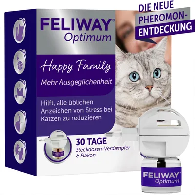 Feliway Optimum Happy Family. Hilft, Stressanzeichen bei Katzen zu reduzieren. 30 Tage Steckdosen-Verdampfer & Flakon. Die neue Pheromon-Entdeckung.