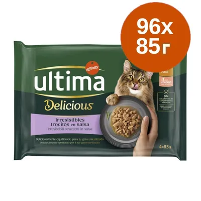 Ultima Delicious Irresistibles хапки в сос, 4 x 85 г, без оцветители и консерванти, 96 x 85 г силно подчертани.